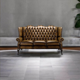 Chesterfield 3 Seater High Back Antique Gold Leather Sofa In Mallory Style - thumbnail 4