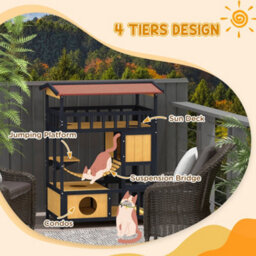Pawhut Outdoor Cat House W/ Suspension Bridge, Houses, Balcony - thumbnail 4