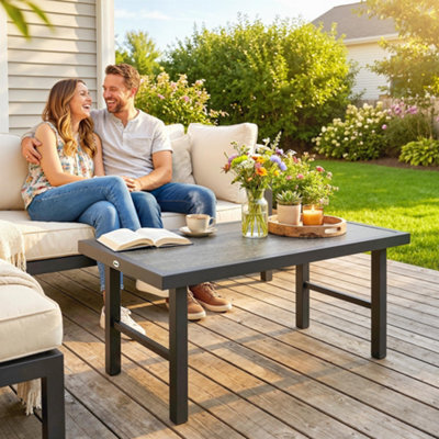 Outsunny Garden Coffee Table With Spc Woodgrain Tabletop, Dark Grey - image 1