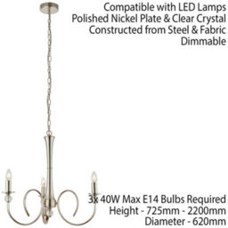 Luxury Hanging Ceiling Pendant Light Bright Nickel & Crystal 3 Lamp Chandelier - thumbnail 2