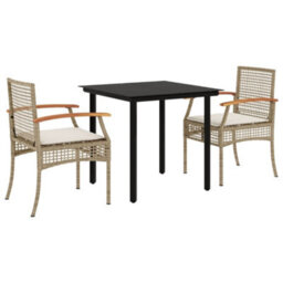 Berkfield 3 Piece Garden Dining Set With Cushions Beige Poly Rattan - thumbnail 2