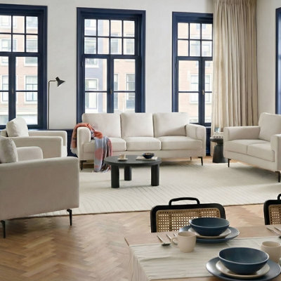 Beliani Modern Beige Fabric Living Room Set With Iron Legs, 3-Seater, 2-Seater And Armchairs - image 1