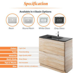 Plum&clay Eden Light Oak Floorstanding Vanity Unit With Grey Glass Basin (W)900mm - thumbnail 7