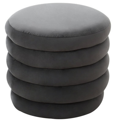 Orsina Graphite Velvet Round Footstool, Velvet Round Stool With Tufted Details, Pouffee With Round Design - image 1