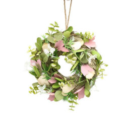 Urbn-Living Urbnliving 25Cm Green Cream & Pink Hanging Door Wreath Round Spring Easter Christmas Wall Décor Traditional Festive
