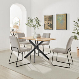 Furniturebox Uk Leonardo Oak Effect Dining Table & 4 Halley Taupe Fabric Chairs - thumbnail 1