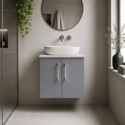 Balterley Bramshall 600mm Wall Hung 2 Door Vanity Unit With Laminate Worktop For Compact Modern Bathroom Storage - Satin Grey - thumbnail 2