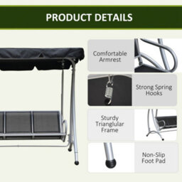 Outsunny 3 Seat Metal Fabric Backyard Balcony Patio Swing Chair With Canopy Top - thumbnail 6