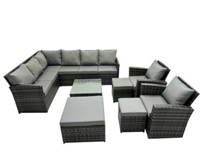 Fimous 11 Seat Poly Rattan Outdoor Patio Coffee Table Corner Sofa Set With 3 Stools 2 Chairs For Garden Backyard Dark Grey Mixed - image 1