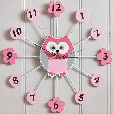 Pink Owl Wall Clock - Battery Powered Clock With Large Clear Numbers For Kids Girls Bedroom, Nursery Or Playroom - 34Cm Diameter