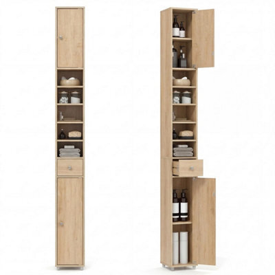 180Cm Bathroom Tall Cabinet Slim Freestanding Pantry Cabinet Natural - image 1