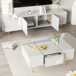 Btm High Gloss White Tv Cabinet And Coffee Table Set Modern Minimalist Living Room Furniture Combo - thumbnail 3