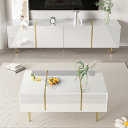 Btm High Gloss White Tv Cabinet And Coffee Table Set Modern Minimalist Living Room Furniture Combo - thumbnail 2