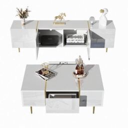 Btm High Gloss White Tv Cabinet And Coffee Table Set Modern Minimalist Living Room Furniture Combo - thumbnail 7