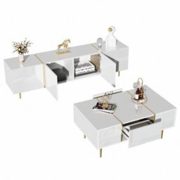 Btm High Gloss White Tv Cabinet And Coffee Table Set Modern Minimalist Living Room Furniture Combo - thumbnail 5