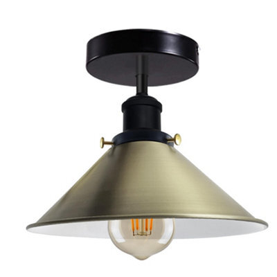 Vintage Ceiling Light Semi-Flush Mount With E27 Fitting 22Cm Conical Lampshade Ceiling Light Fixture Green Brass With Bulb
