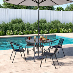 Living And Home Set Of 5 Black Tempered Glass 4 Seater Garden Furniture Set Outdoor Dinging Round Table And Stackable Chairs 105 Cm - thumbnail 2