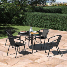 Living And Home Set Of 5 Black Tempered Glass 4 Seater Garden Furniture Set Outdoor Dinging Round Table And Stackable Chairs 105 Cm - thumbnail 1