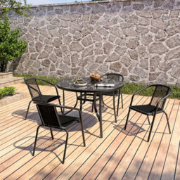 Living And Home Set Of 5 Black Tempered Glass 4 Seater Garden Furniture Set Outdoor Dinging Round Table And Stackable Chairs 105 Cm - thumbnail 3