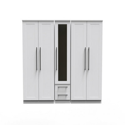 Howard Tall 5 Door 2 Drawer 1 Mirror Wardrobe In White Ash (Ready Assembled) - image 1