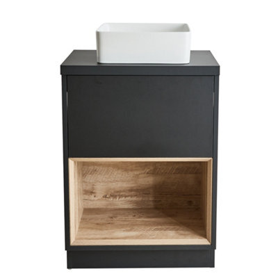 Homestylestore Black Grey 600mm Bathroom Vanity Unit Open Shelf With Square Countertop Basin & Led Light - image 1