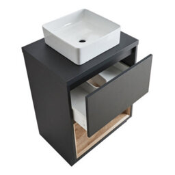 Homestylestore Black Grey 600mm Bathroom Vanity Unit Open Shelf With Square Countertop Basin & Led Light - thumbnail 2