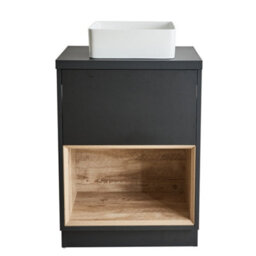 Homestylestore Black Grey 600mm Bathroom Vanity Unit Open Shelf With Square Countertop Basin & Led Light - thumbnail 1