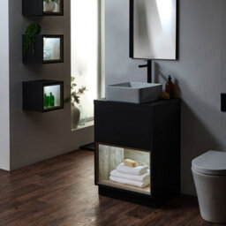 Homestylestore Black Grey 600mm Bathroom Vanity Unit Open Shelf With Square Countertop Basin & Led Light - thumbnail 3