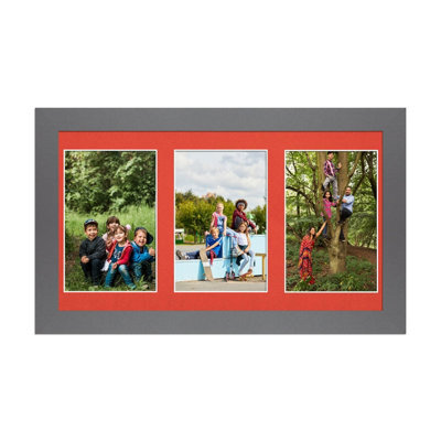 AK Frames 40X20Cm Dark Grey Modern Multi Photo Frame With Poppy Red Mount - Holds 3 Apertures (3X) 6X4 Photos - image 1