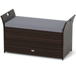 Costway Storage Bench Outdoor Bench With Hand-Woven Pe Rattan Wicker-Grey