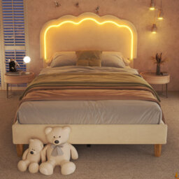 Btm Single Upholstered Bed 3Ft 90X190Cm Led Headboard Velvet Frame Wood Slat Beige Teen Bed No Mattress