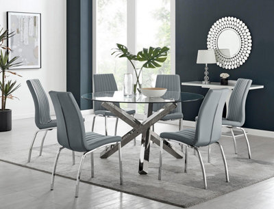Furniturebox Uk Vogue Large Round Chrome Metal Clear Glass Dining Table And 6 Elephant Grey Isco Dining Chairs Set - image 1