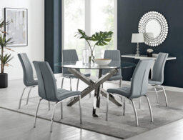 Furniturebox Uk Vogue Large Round Chrome Metal Clear Glass Dining Table And 6 Elephant Grey Isco Dining Chairs Set - thumbnail 1