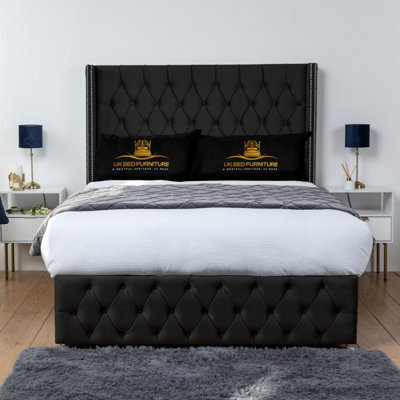UKBEDFURNITURE Jasmine Black Plush Wingback Divan Bed Base With 54 Inch Headboard - No Storage - image 1