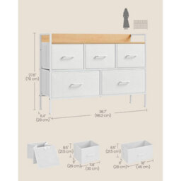 Songmics Storage Drawer Unit, Bedroom Chest With 5 Fabric Drawers And Steel Frame, Organiser, Cloud White And Oak Beige - thumbnail 2