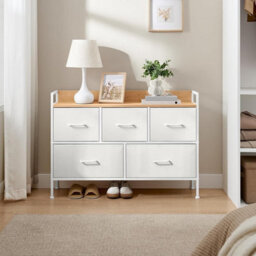 Storage Drawer Unit, Bedroom Chest With 5 Fabric Drawers And Steel Frame, Organiser, Cloud White And Oak Beige