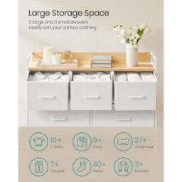 Songmics Storage Drawer Unit, Bedroom Chest With 5 Fabric Drawers And Steel Frame, Organiser, Cloud White And Oak Beige - thumbnail 3
