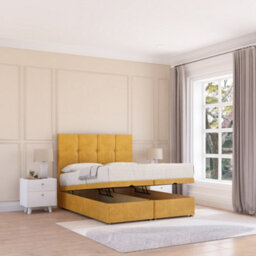 Sloomy Jasmine End Lift Ottoman Bed 6Ft With Sprung Memory Mattress - Mustard Plush & Headboard- Super King - thumbnail 1