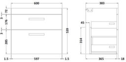 Nuie Hudson Reed Athena Wall Hung Vanity Unit, Durable Soft Close 2-Door, Modern Bathroom Cabinet Storage In Gloss Grey, 600mm - thumbnail 2