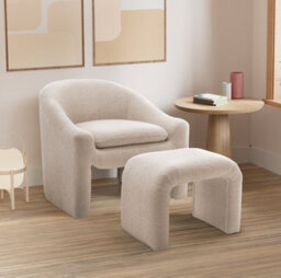 Boucle Teddy Fabric Accent Chair In White With Footstool - thumbnail 1