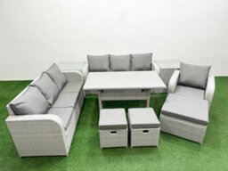 Fimous 10 Seater Poly Rattan Outdoor Garden Furniture Rectangular Dining Table Sofa Set 3 Seater Sofa 3 Stools 2 Side Table - thumbnail 1