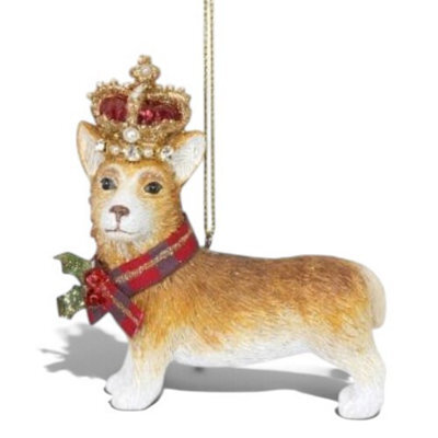Gisela Graham Christmas Corgi With Crown Hanging Tree Decoration, Small Poly Resin Ornament 8 X 7 X 3 Cm