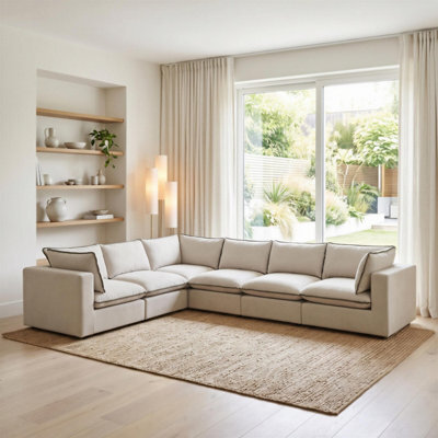 Furniturebox Uk Echo Cream & Green Linen-Look Trim Fabric 5 Seater L-Shaped Modular Corner Sofa - image 1