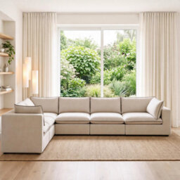 Furniturebox Uk Echo Cream & Green Linen-Look Trim Fabric 5 Seater L-Shaped Modular Corner Sofa - thumbnail 2