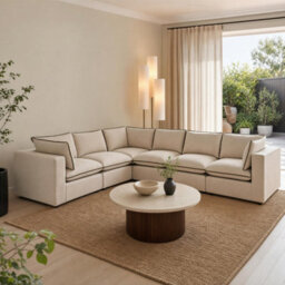 Furniturebox Uk Echo Cream & Green Linen-Look Trim Fabric 5 Seater L-Shaped Modular Corner Sofa - thumbnail 5