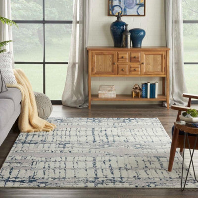 Navy Blue Funky Luxurious Modern Easy To Clean Abstract Viscose Wool Rug For Living Room, Bedroom - 236Cm X 297Cm