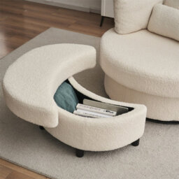 Abrihome Teddy Swivel Armchair With 3 Back Cushion Pillow Ottoman Crescent Stool, White - thumbnail 2