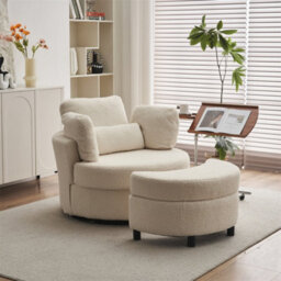 Abrihome Teddy Swivel Armchair With 3 Back Cushion Pillow Ottoman Crescent Stool, White - thumbnail 6