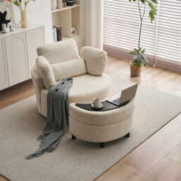 Abrihome Teddy Swivel Armchair With 3 Back Cushion Pillow Ottoman Crescent Stool, White - thumbnail 1