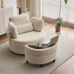 Abrihome Teddy Swivel Armchair With 3 Back Cushion Pillow Ottoman Crescent Stool, White - thumbnail 4